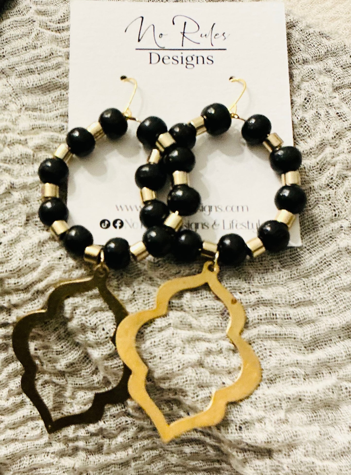 Black Beaded Hoops with Charm