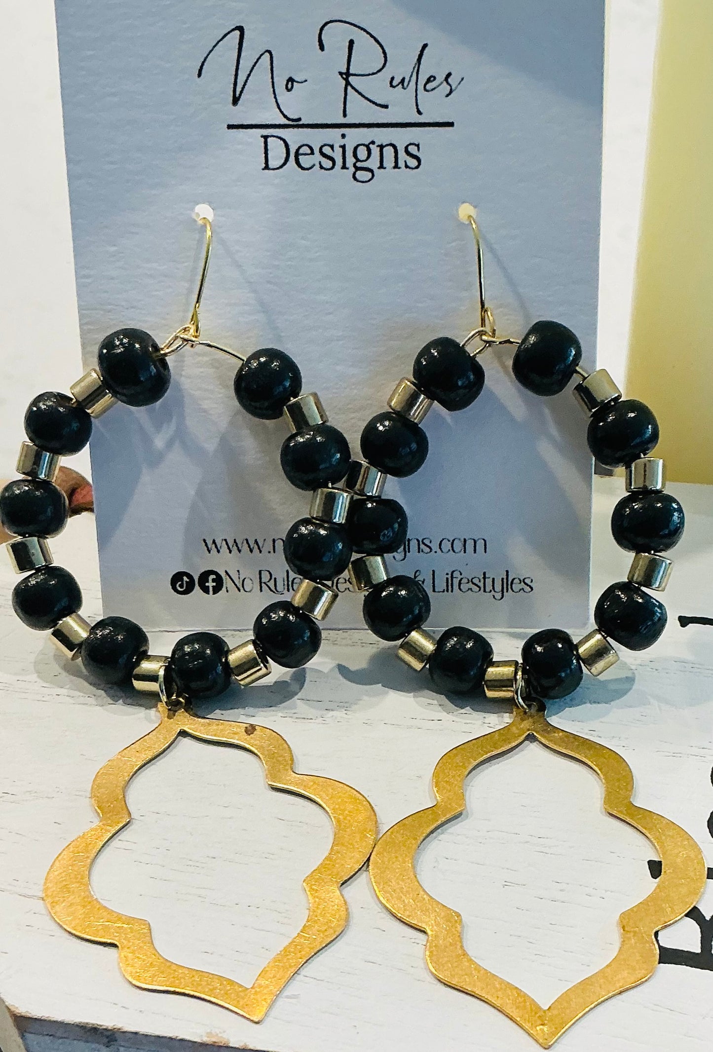 Black Beaded Hoops with Charm