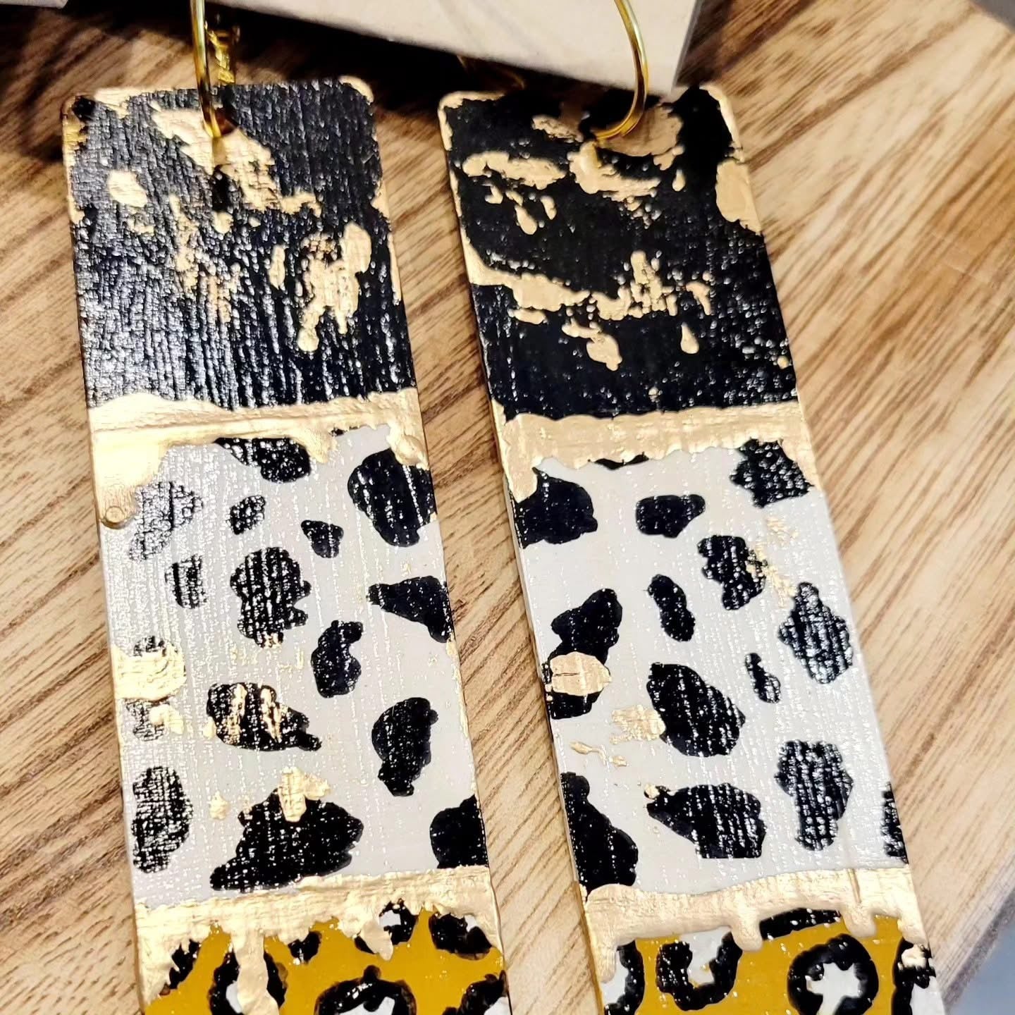 Hand-Painted Rectangular Wood Earrings