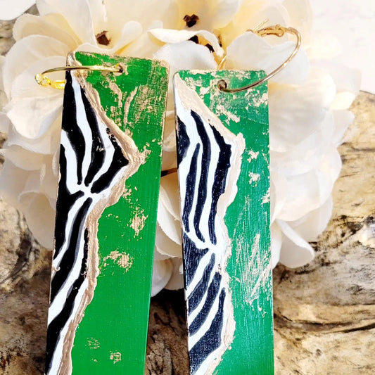 Hand-Painted Rectangular Wood Earrings